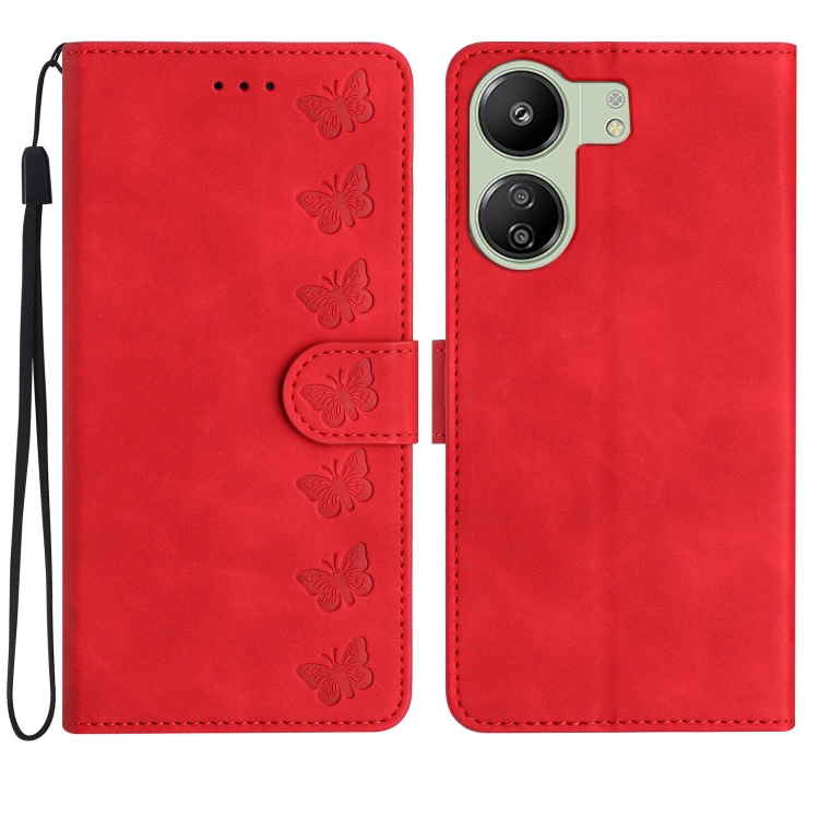 

For Xiaomi Redmi 13C 4G Seven Butterflies Embossed Leather Phone Case(Red)