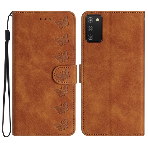 

For Samsung Galaxy A02s EU Version Seven Butterflies Embossed Leather Phone Case(Brown)