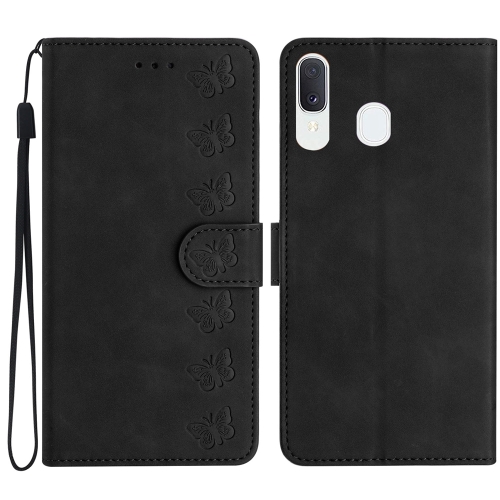 

For Samsung Galaxy A20e Seven Butterflies Embossed Leather Phone Case(Black)