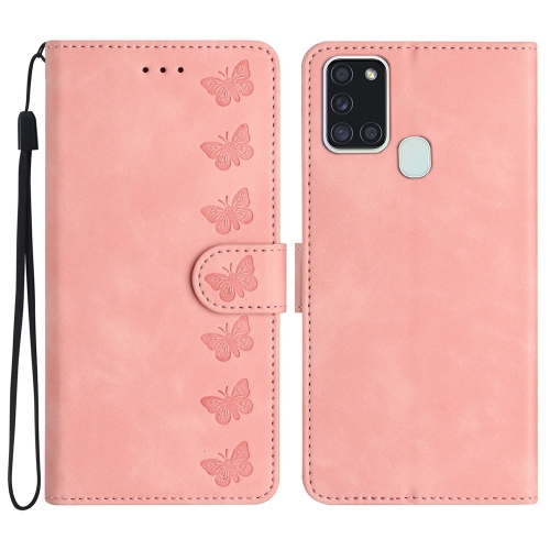 

For Samsung Galaxy A20s Seven Butterflies Embossed Leather Phone Case(Pink)