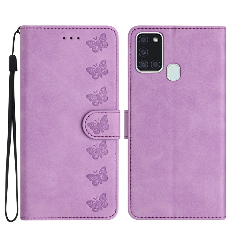 

For Samsung Galaxy A20s Seven Butterflies Embossed Leather Phone Case(Purple)