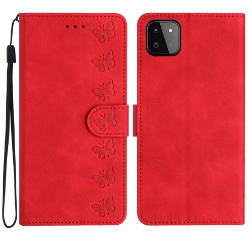 

For Samsung Galaxy A22 5G Seven Butterflies Embossed Leather Phone Case(Red)