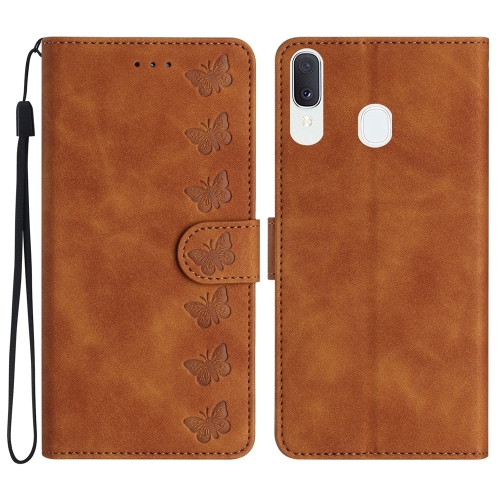 

For Samsung Galaxy A40 Seven Butterflies Embossed Leather Phone Case(Brown)