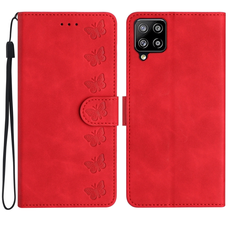 

For Samsung Galaxy A42 5G Seven Butterflies Embossed Leather Phone Case(Red)