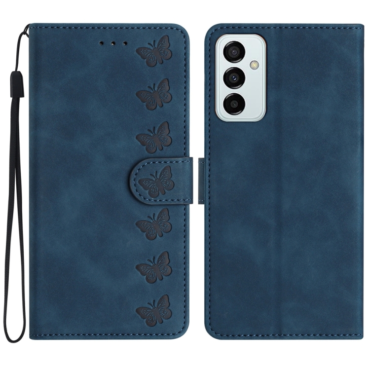 

For Samsung Galaxy M23 Seven Butterflies Embossed Leather Phone Case(Blue)