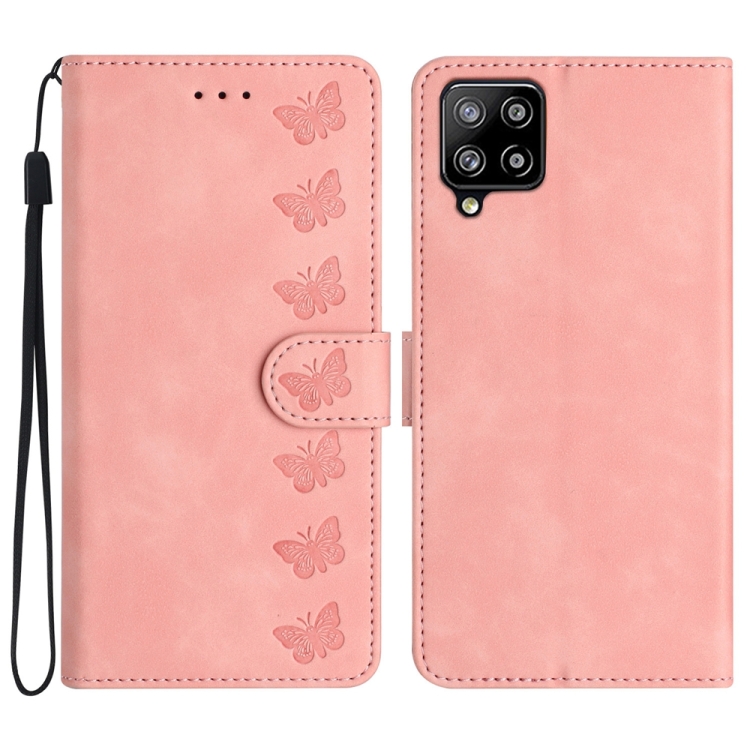 

For Samsung Galaxy M32 Seven Butterflies Embossed Leather Phone Case(Pink)