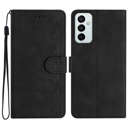 

For Samsung Galaxy M52 5G Seven Butterflies Embossed Leather Phone Case(Black)