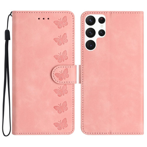 

For Samsung Galaxy S24 Ultra 5G Seven Butterflies Embossed Leather Phone Case(Pink)