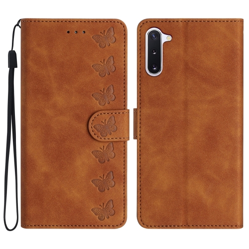

For Samsung Galaxy Note10 Seven Butterflies Embossed Leather Phone Case(Brown)