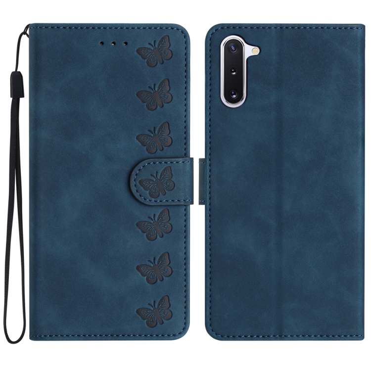 

For Samsung Galaxy Note10 Seven Butterflies Embossed Leather Phone Case(Blue)