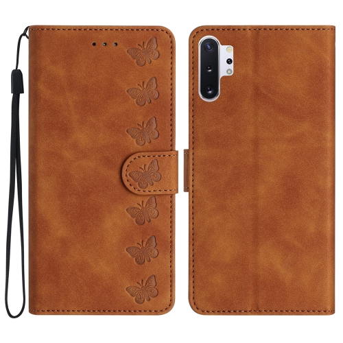 

For Samsung Galaxy Note10+ Seven Butterflies Embossed Leather Phone Case(Brown)