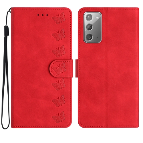 

For Samsung Galaxy Note20 Seven Butterflies Embossed Leather Phone Case(Red)
