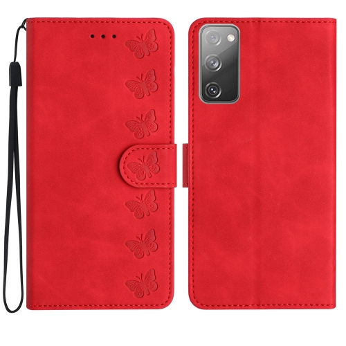 

For Samsung Galaxy S20 FE Seven Butterflies Embossed Leather Phone Case(Red)