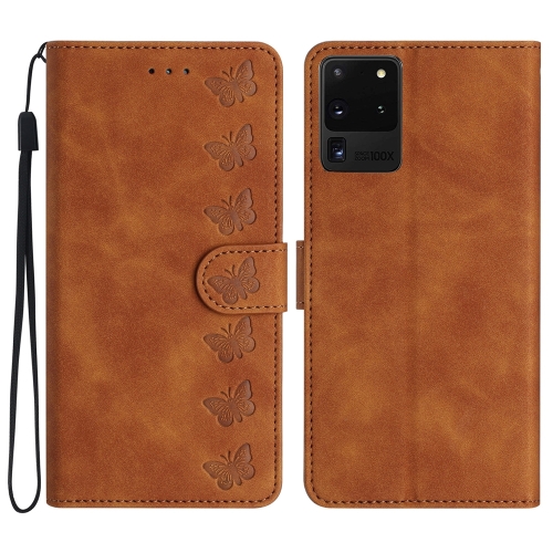 

For Samsung Galaxy S20 Ultra 5G Seven Butterflies Embossed Leather Phone Case(Brown)