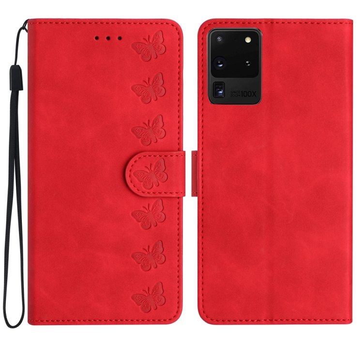 

For Samsung Galaxy S20 Ultra 5G Seven Butterflies Embossed Leather Phone Case(Red)