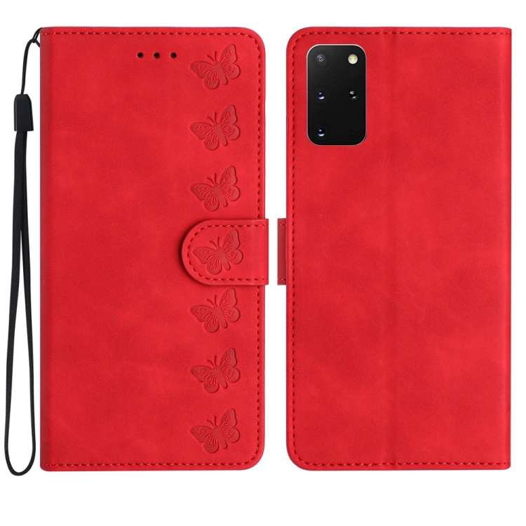 

For Samsung Galaxy S20+ Seven Butterflies Embossed Leather Phone Case(Red)