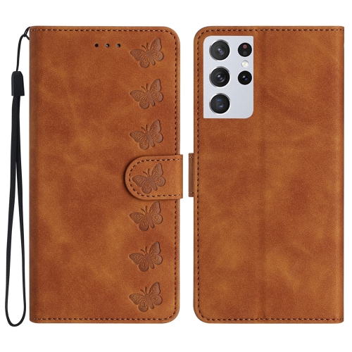 

For Samsung Galaxy S21 Ultra 5G Seven Butterflies Embossed Leather Phone Case(Brown)