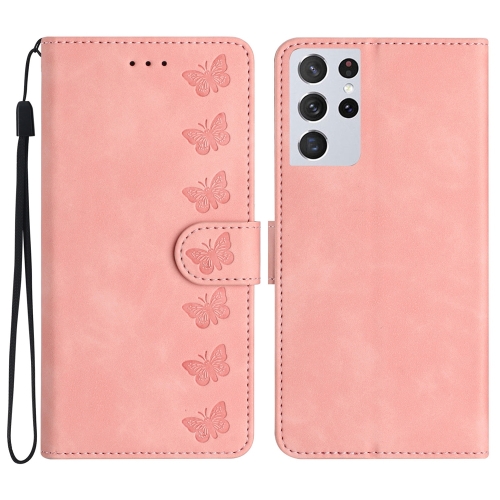 

For Samsung Galaxy S21 Ultra 5G Seven Butterflies Embossed Leather Phone Case(Pink)