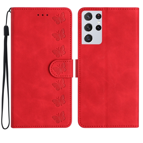 

For Samsung Galaxy S21 Ultra 5G Seven Butterflies Embossed Leather Phone Case(Red)