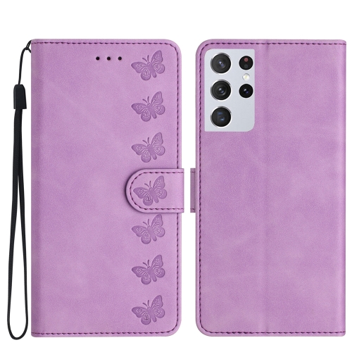

For Samsung Galaxy S21 Ultra 5G Seven Butterflies Embossed Leather Phone Case(Purple)