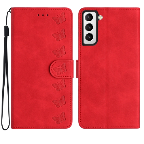 

For Samsung Galaxy S21+ 5G Seven Butterflies Embossed Leather Phone Case(Red)