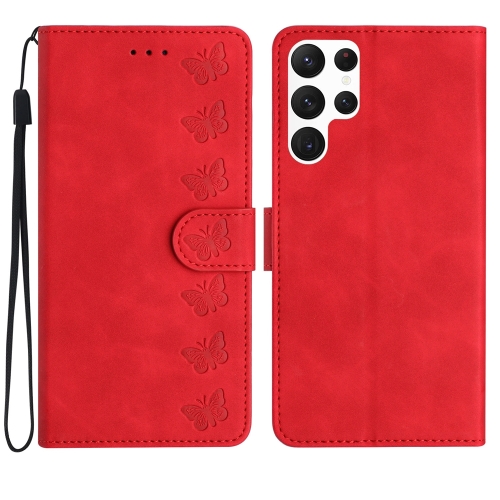 

For Samsung Galaxy S22 Ultra 5G Seven Butterflies Embossed Leather Phone Case(Red)