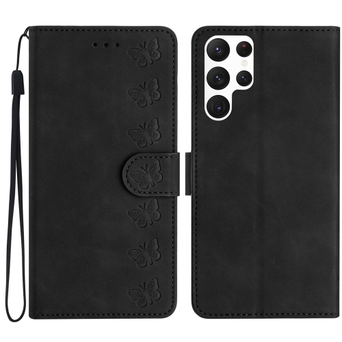 

For Samsung Galaxy S22 Ultra 5G Seven Butterflies Embossed Leather Phone Case(Black)