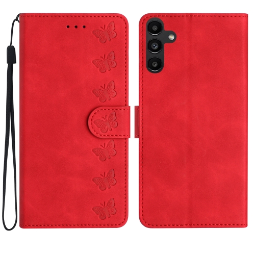 

For Samsung Galaxy A35 5G Seven Butterflies Embossed Leather Phone Case(Red)