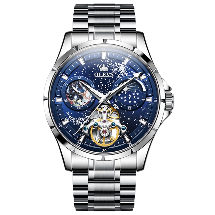 

OLEVS 6671 Men Luminous Waterproof Hollow Steel Strap Mechanical Watch(Blue)