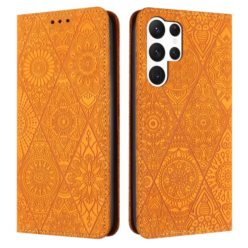 

For Samsung Galaxy S23 Ultra 5G Ethnic Embossed Adsorption Leather Phone Case(Yellow)