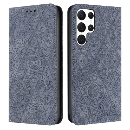 

For Samsung Galaxy S22 Ultra 5G Ethnic Embossed Adsorption Leather Phone Case(Grey)