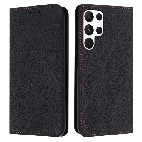 

For Samsung Galaxy S22 Ultra 5G Ethnic Embossed Adsorption Leather Phone Case(Black)