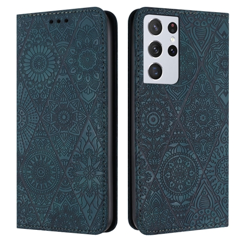 

For Samsung Galaxy S21 Ultra 5G Ethnic Embossed Adsorption Leather Phone Case(Blue)