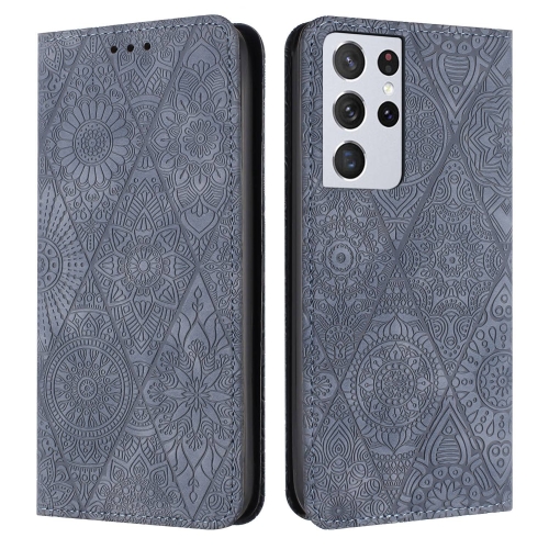 

For Samsung Galaxy S21 Ultra 5G Ethnic Embossed Adsorption Leather Phone Case(Grey)