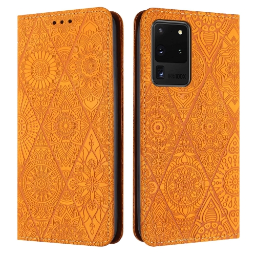 

For Samsung Galaxy S20 Ultra Ethnic Embossed Adsorption Leather Phone Case(Yellow)