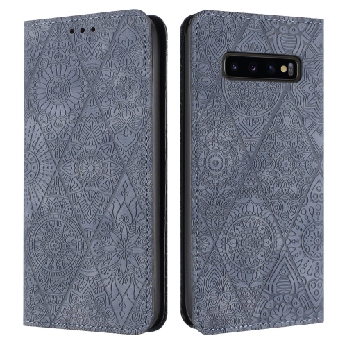 

For Samsung Galaxy S10+ Ethnic Embossed Adsorption Leather Phone Case(Grey)