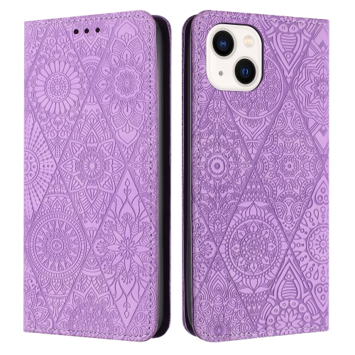 

For iPhone 14 Plus Ethnic Embossed Adsorption Leather Phone Case(Purple)