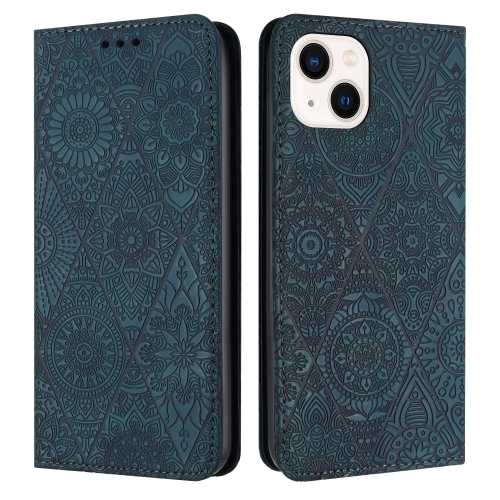 

For iPhone 14 Plus Ethnic Embossed Adsorption Leather Phone Case(Blue)