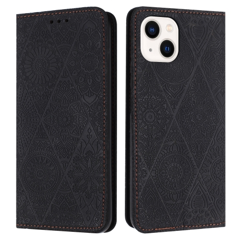 

For iPhone 14 Plus Ethnic Embossed Adsorption Leather Phone Case(Black)