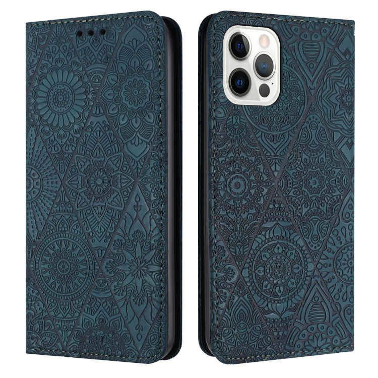 

For iPhone 14 Pro Ethnic Embossed Adsorption Leather Phone Case(Blue)