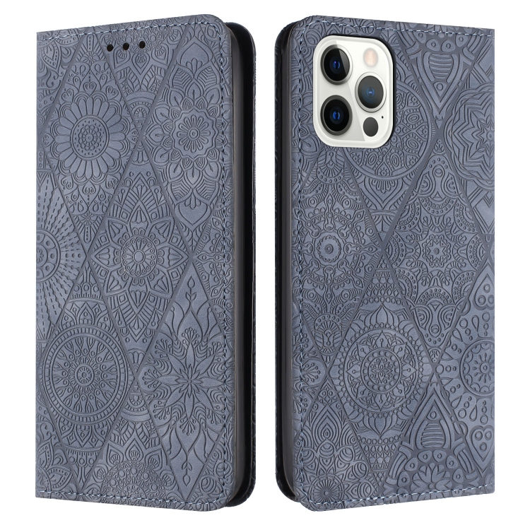 

For iPhone 14 Pro Max Ethnic Embossed Adsorption Leather Phone Case(Grey)