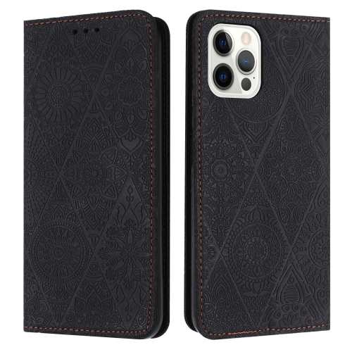 

For iPhone 14 Pro Max Ethnic Embossed Adsorption Leather Phone Case(Black)