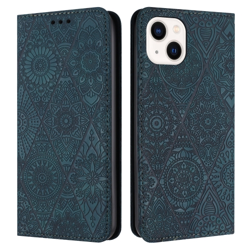 

For iPhone 13 Ethnic Embossed Adsorption Leather Phone Case(Blue)