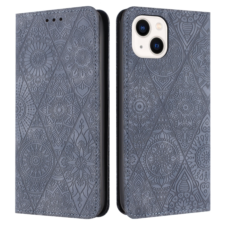 

For iPhone 13 Ethnic Embossed Adsorption Leather Phone Case(Grey)
