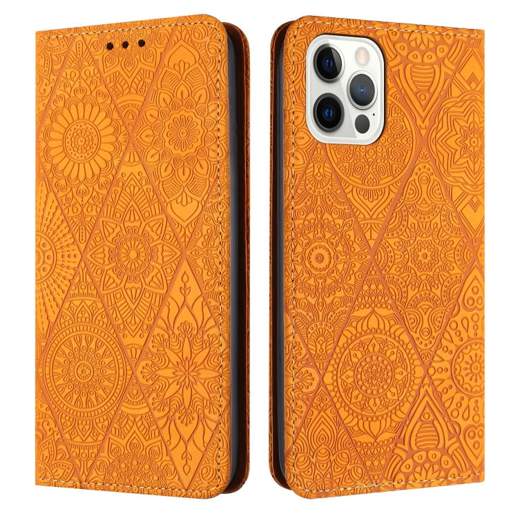

For iPhone 13 Pro Max Ethnic Embossed Adsorption Leather Phone Case(Yellow)