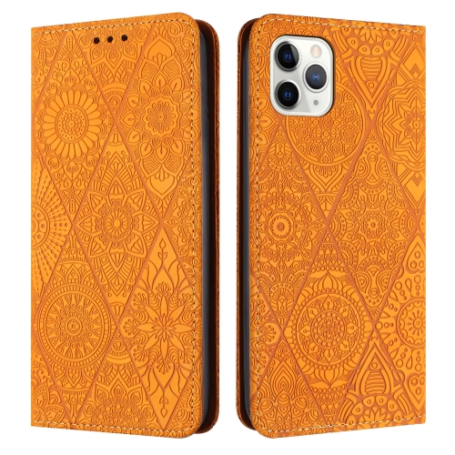 

For iPhone 12 Pro Max Ethnic Embossed Adsorption Leather Phone Case(Yellow)