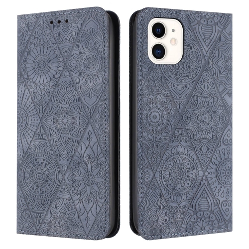 

For iPhone 11 Ethnic Embossed Adsorption Leather Phone Case(Grey)