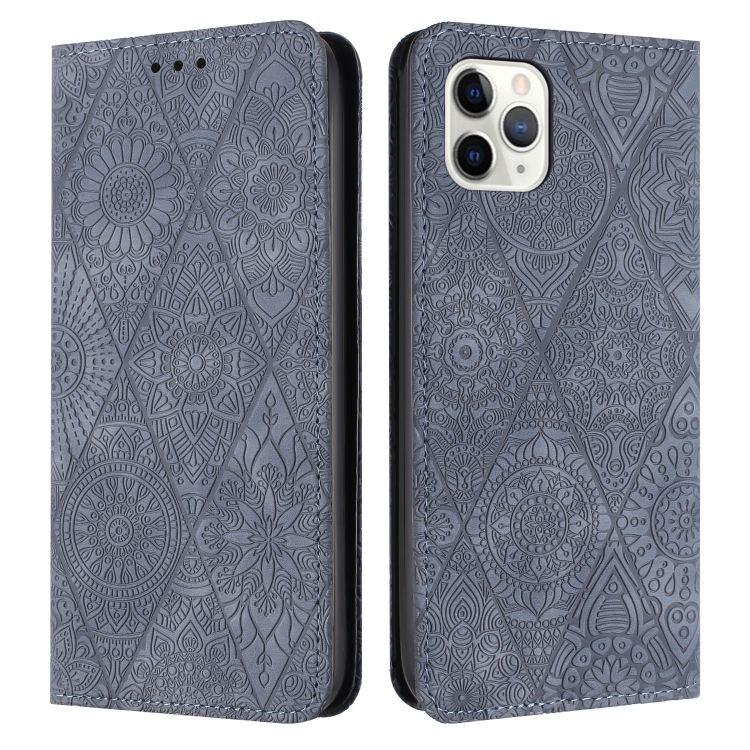 

For iPhone 11 Pro Max Ethnic Embossed Adsorption Leather Phone Case(Grey)