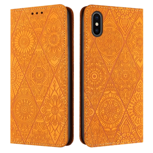 

For iPhone X / XS Ethnic Embossed Adsorption Leather Phone Case(Yellow)