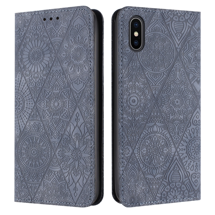 

For iPhone X / XS Ethnic Embossed Adsorption Leather Phone Case(Grey)